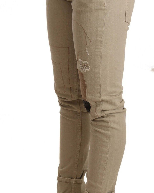 Beige Cotton Slim Fit Chic Jeans