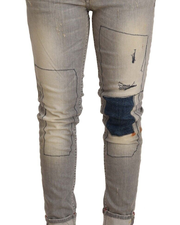 Gray Cotton Slim Fit Folded Hem Women Denim Pant