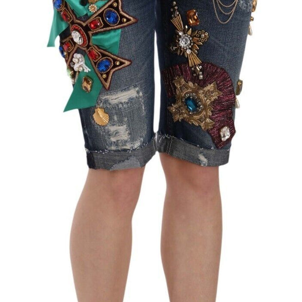 Elegant Knee-Length Embellished Denim Shorts