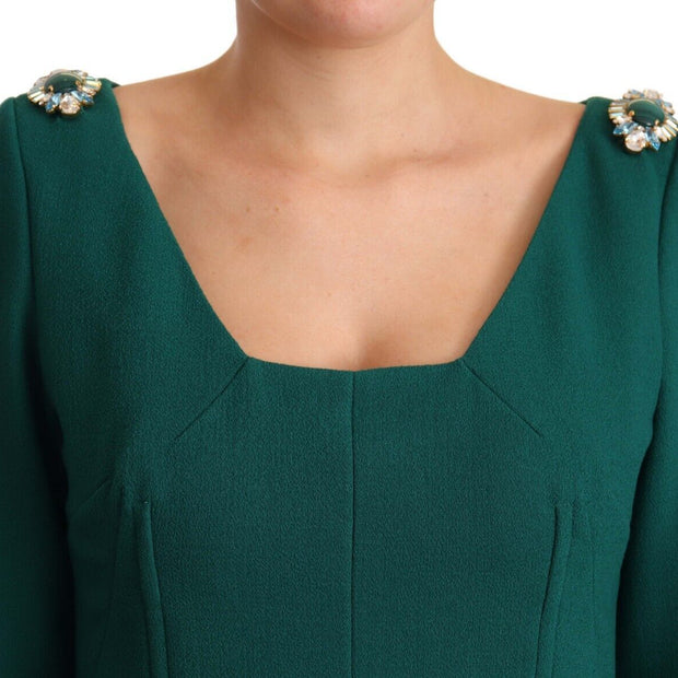 Emerald Green Midi Sheath Dress with Crystal Brooch