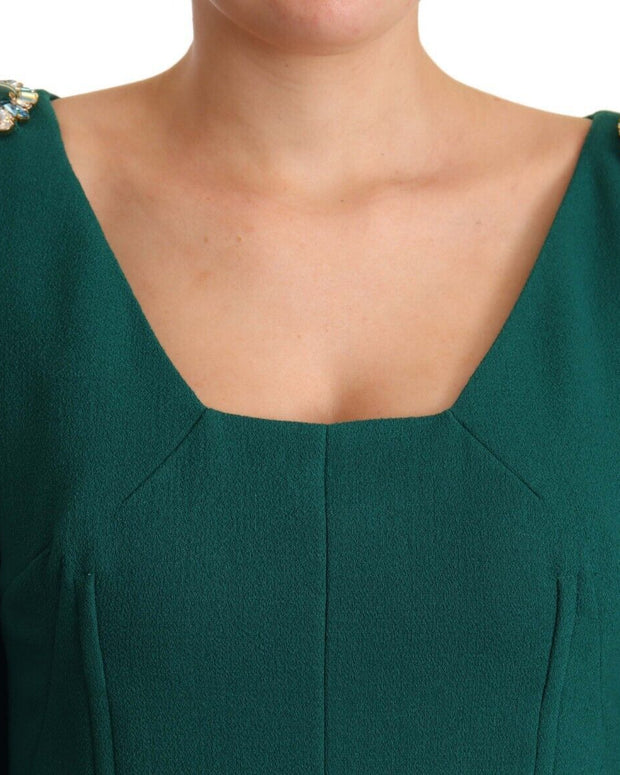 Green Stretch Crepe Crystal Midi Dress