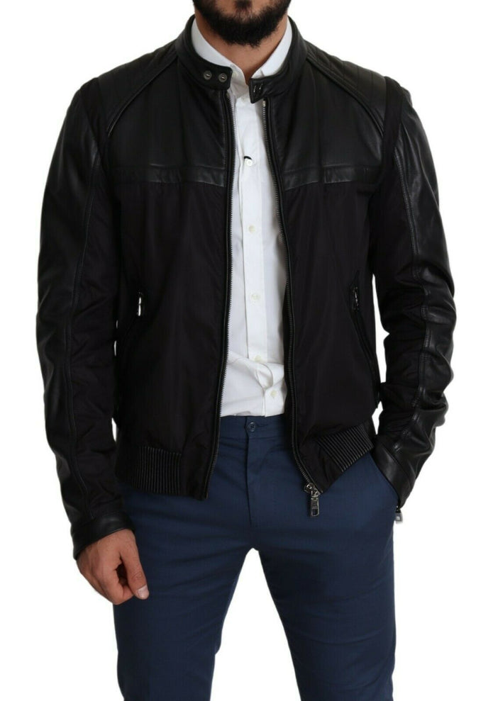 Elegant Black Bomber with Leather Accents