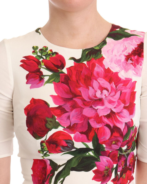 White Floral Printed Crepe Midi Slit Dress