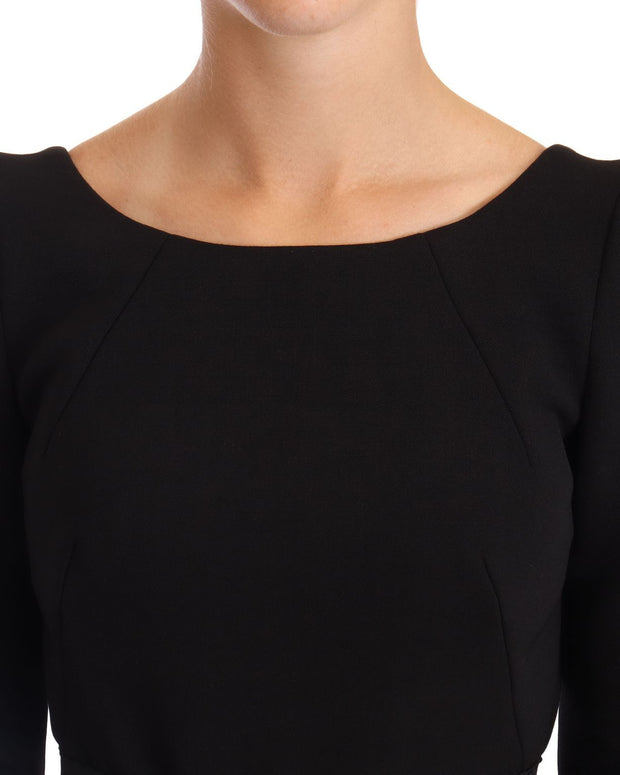 Black Wool Stretch Sheath Open Back Dress