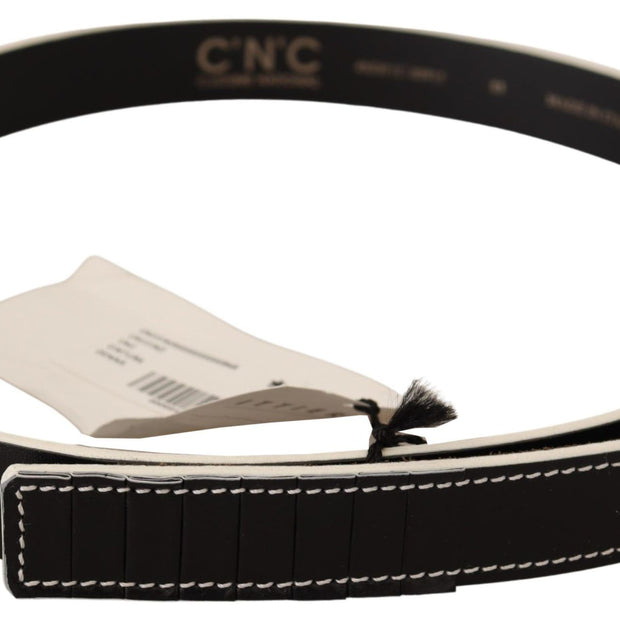 Chic Black Leather Fashion Belt with White Accents