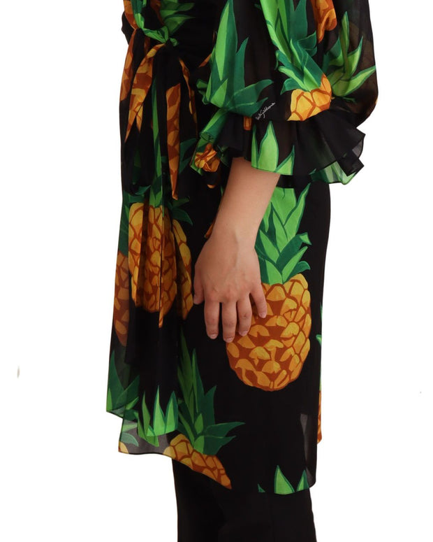 Black Ananas Print Wrap Stretch Silk Dress
