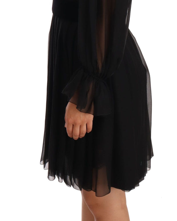 Black Mesh Pleated Mini Silk Stretch Dress