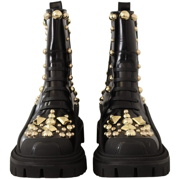 Studded Leather Combat Boots with Embroidery