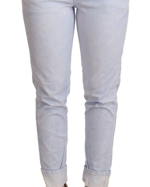 Light Blue Cotton Folded Hem Denim Skinny Women Trouser Jeans