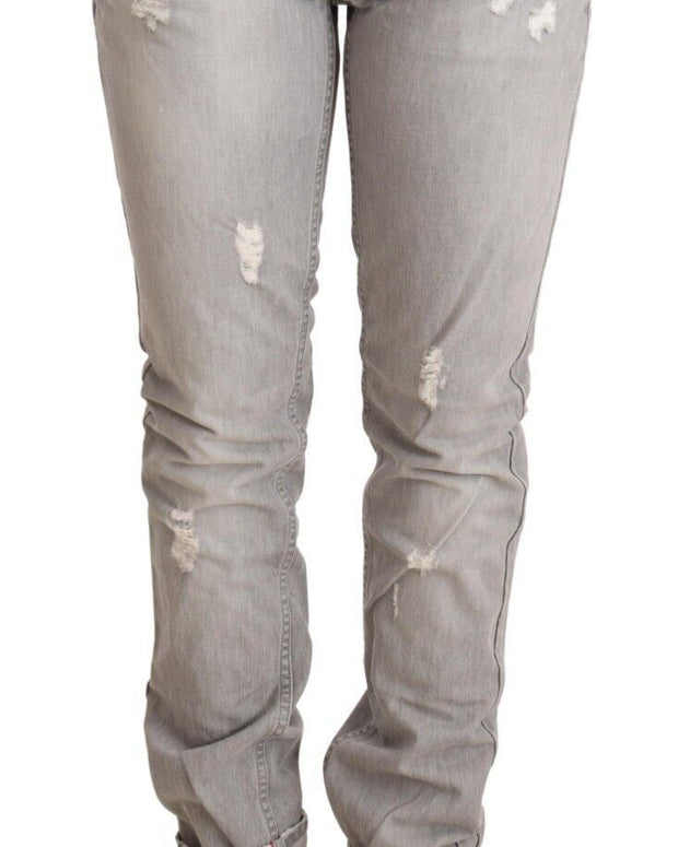 Gray Tattered Cotton Slim Fit Folded Hem Women Denim Jeans