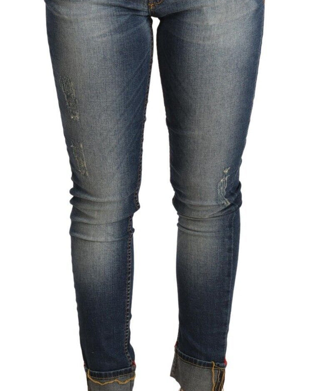 Blue Washed Cotton Low Waist Skinny Denim Women Trouser Jeans