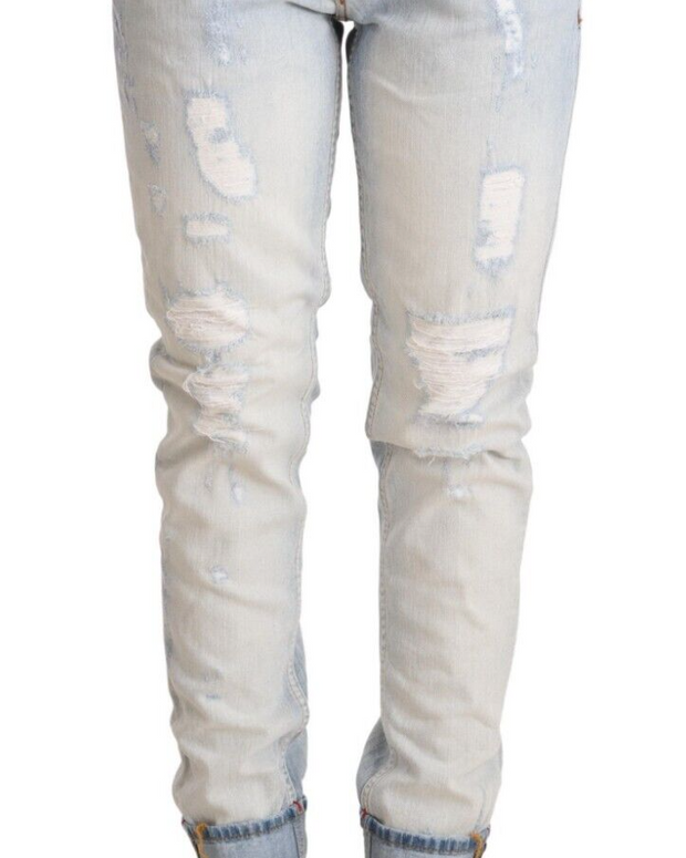 Light Blue Distressed Cotton Folded Hem Denim Trouser Jeans