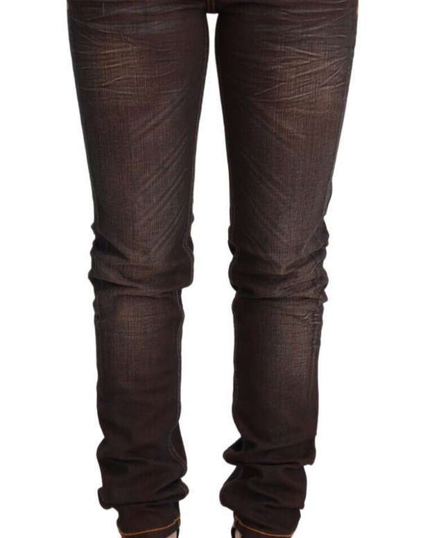 Brown Washed Cotton Slim Fit Denim Low Waist Trouser Jeans