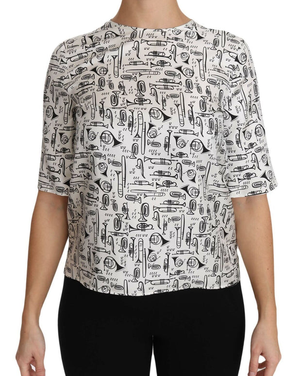 White Musical Instruments Print Blouse