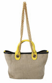 Beige Linen-Calf Tote with Gold Chain