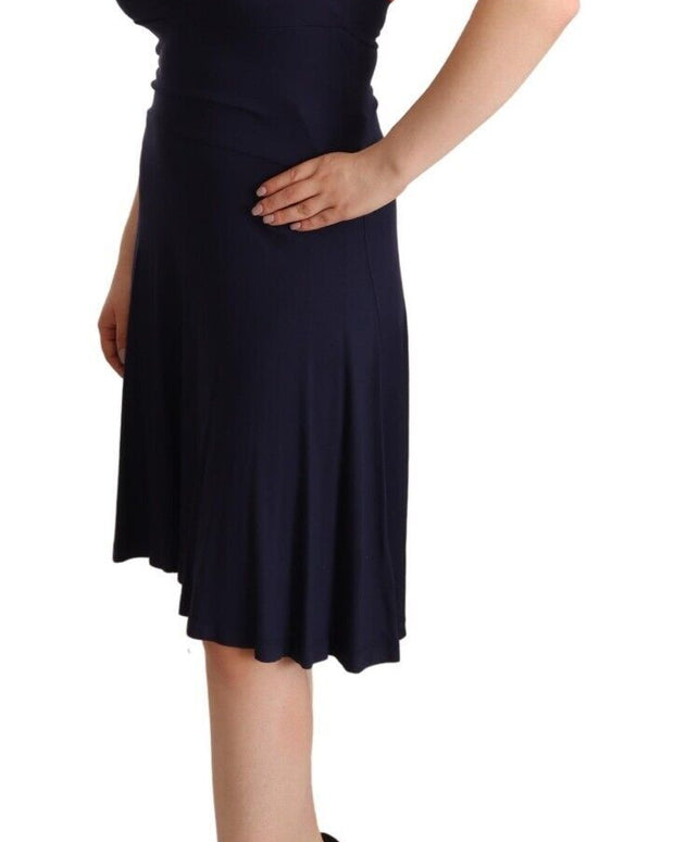 Navy Blue Sleeveless Halter Sheath Midi Dress