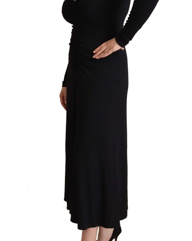 Black Nylon Stretch Long Sleeves Deep V-neck Maxi Dress