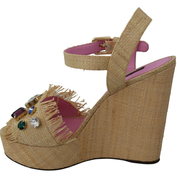 Beige Silk Strap Wedge Sandals