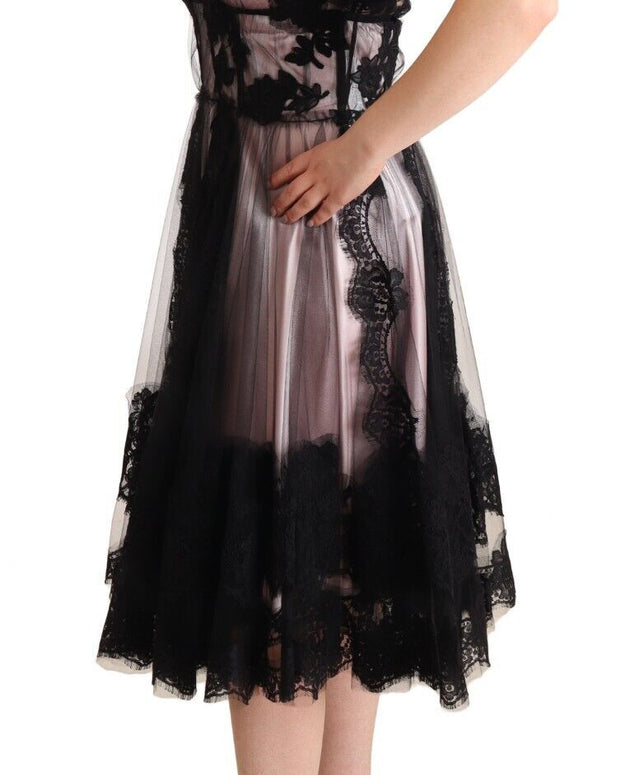 Black Pink Floral Lace A-line Midi Sheer Dress
