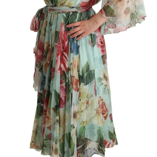 Elegant Floral Green Midi Silk Dress