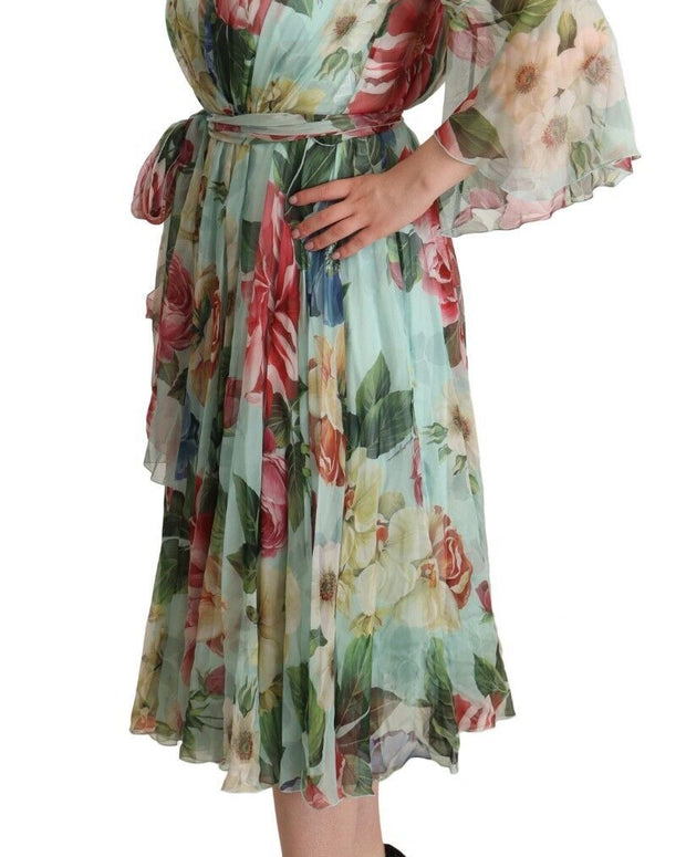 Green Floral Long Sleeves V-neck Midi Dress