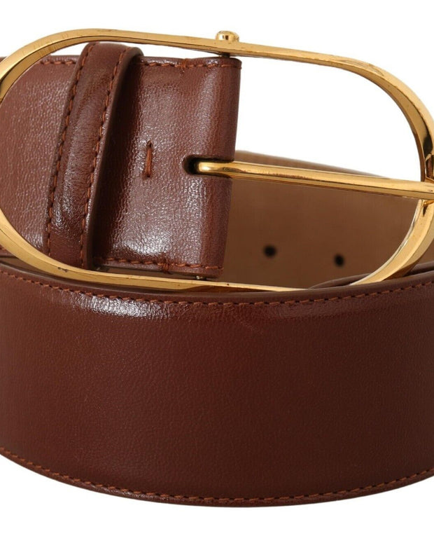 Brown Leather Gold Metal Oval Buckle Belt