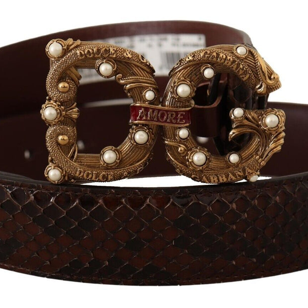 Elegant Phyton Leather Pearl Buckle Belt