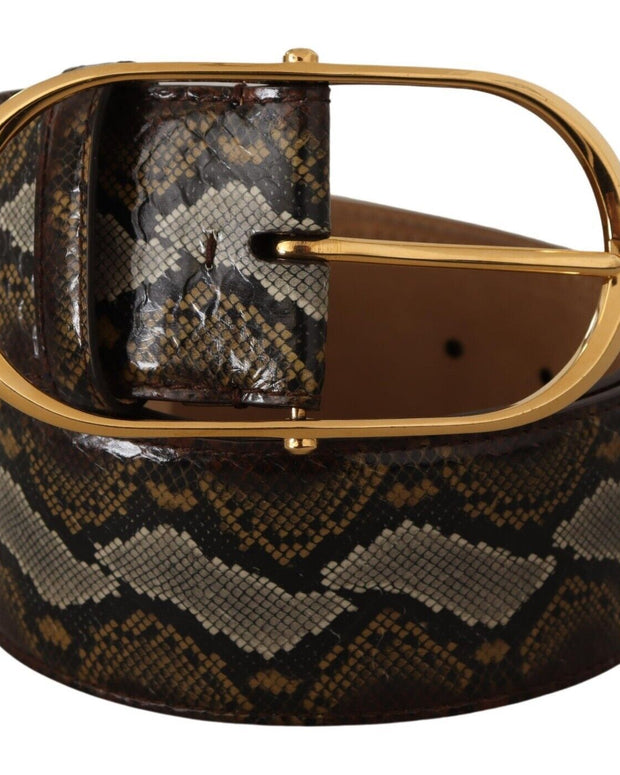 Brown Python Leather Gold Oval Buckle Belt