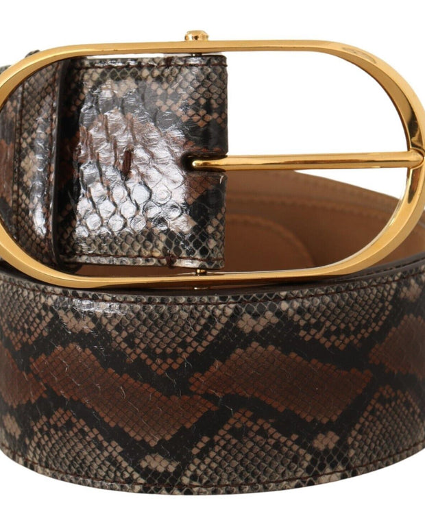 Brown Exotic Leather Gold Oval Buckle Belt
