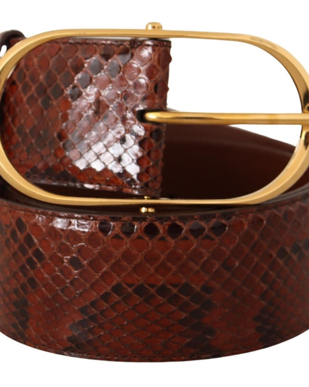 Brown Exotic Leather Gold Oval Buckle Belt
