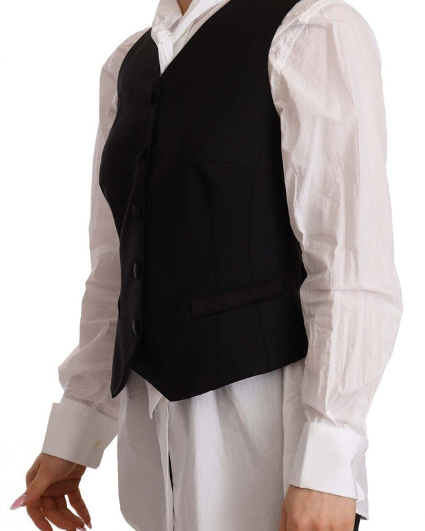 Black Button Down Sleeveless Vest Viscose Top