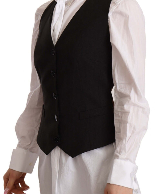 Black Button Down Sleeveless Vest Polyester Top