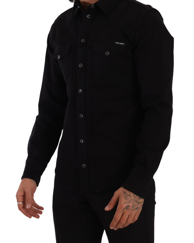 Black Slim Cotton Denim Stretch Shirt