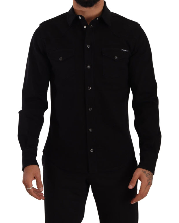 Black Slim Cotton Denim Stretch Shirt