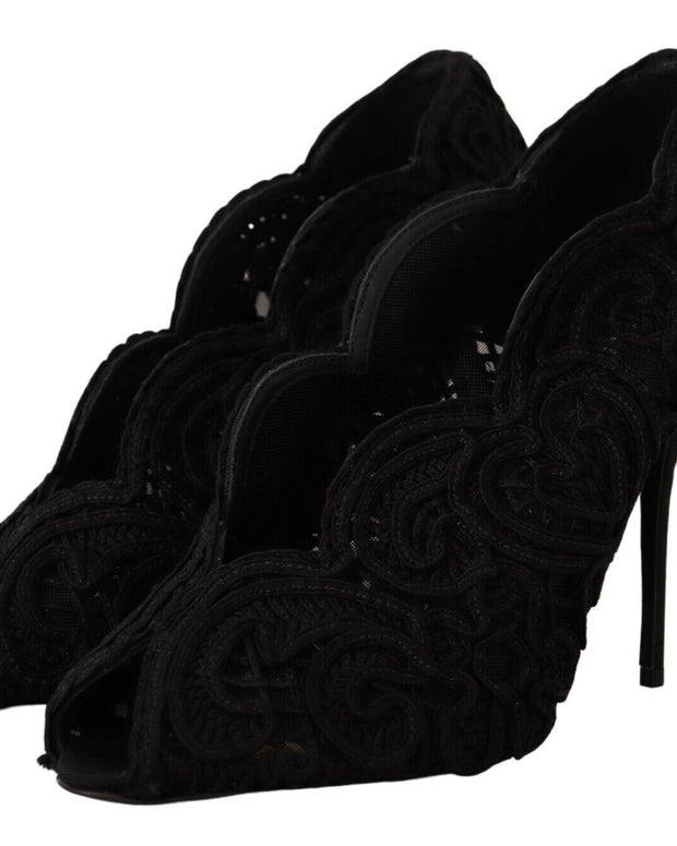Black Cordonetto Ricamo Pump Open Toe Shoes