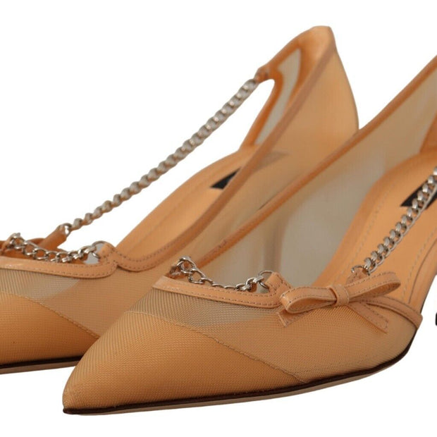 Elegant Beige Mesh Pumps with Silver Chains