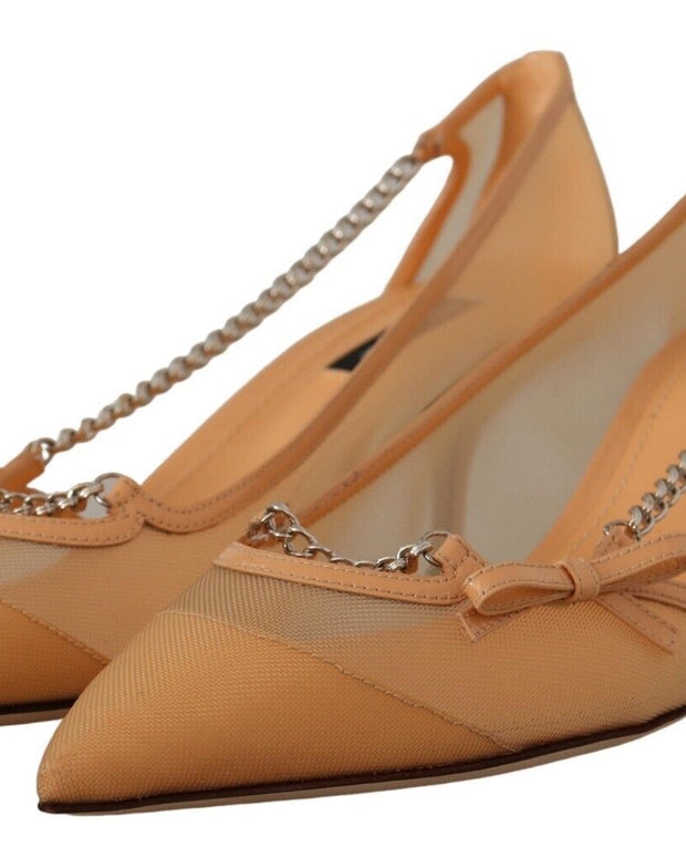 Peach Mesh Leather Chains Heels Pumps Shoes
