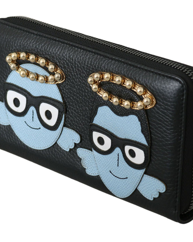 Black Blue Leather #DGFAMILY Zipper Continental Wallet