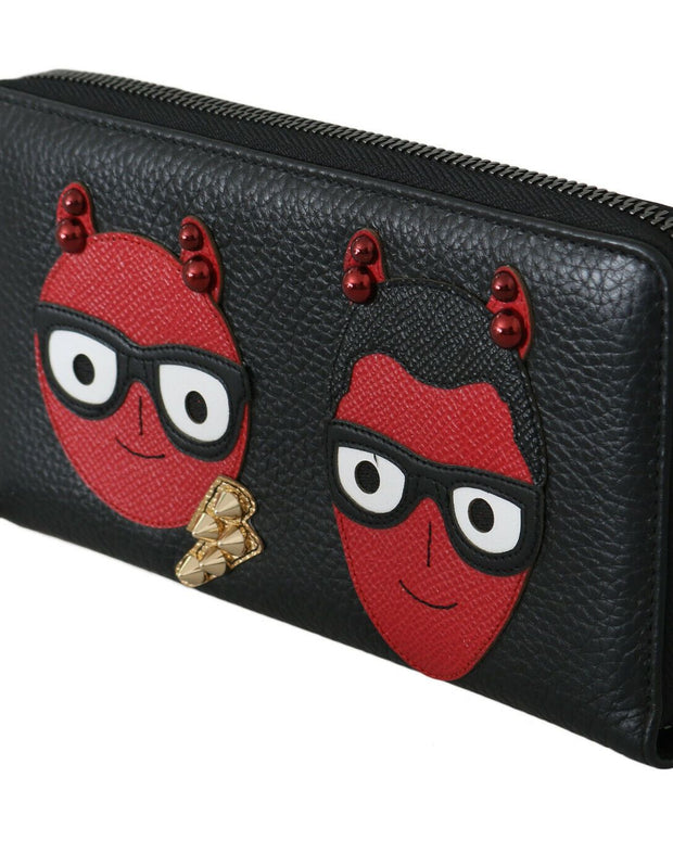 Black Red Leather #DGFAMILY Zipper Continental Wallet