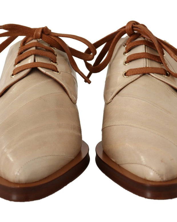 White Eel Leather Lace Up Formal Flats Shoes
