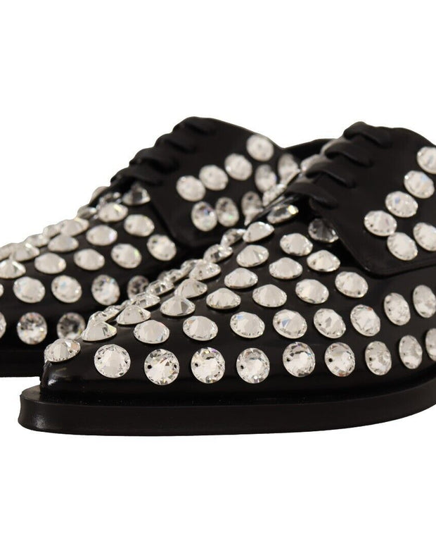 Black Leather Crystals Lace Up Formal Shoes