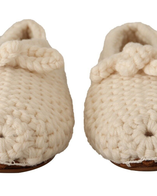 White Slip On Ballerina Flats Wool Knit Shoes