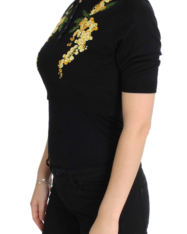 Black Silk Floral Embroidered Polo Top