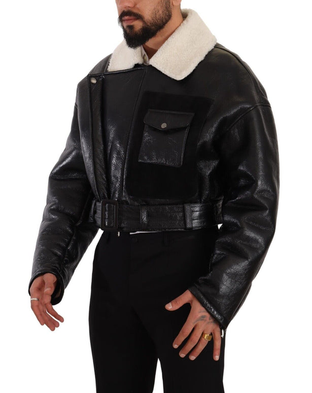 Black Leather Shearling Biker Coat Jacket