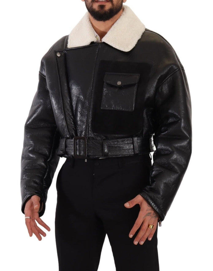 Black Leather Shearling Biker Coat Jacket