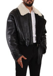 Black Leather Shearling Biker Coat Jacket