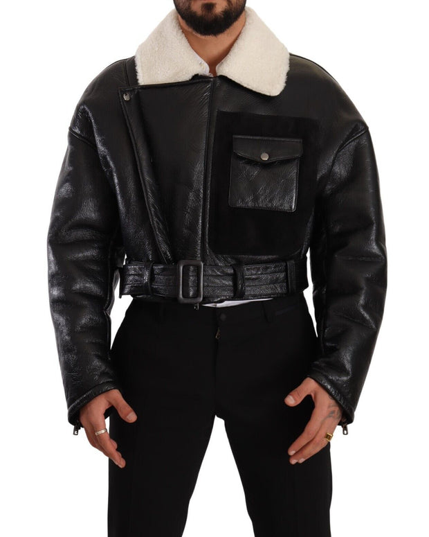 Black Leather Shearling Biker Coat Jacket
