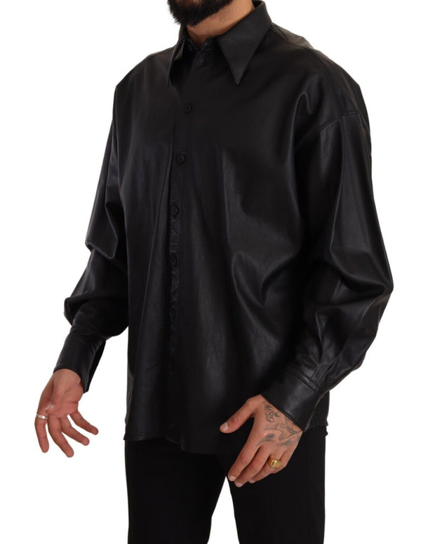 Black Leather Button Down Men Collared Jacket