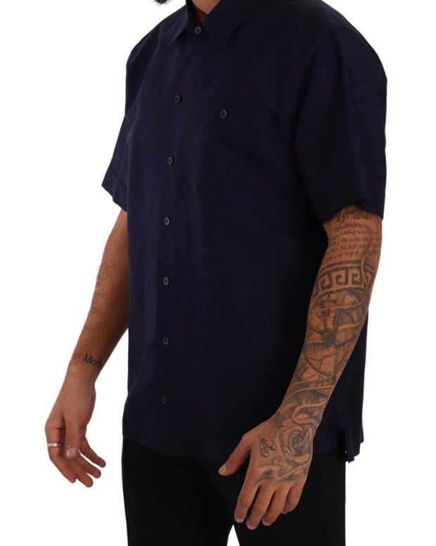 Navy Blue Button Down Short Sleeves Shirt