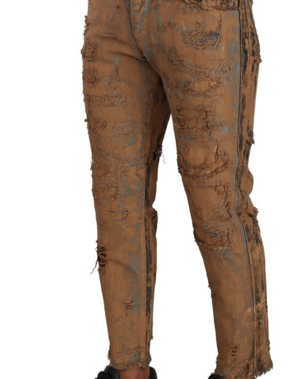 Brown Distressed Cotton Regular Denim Jeans